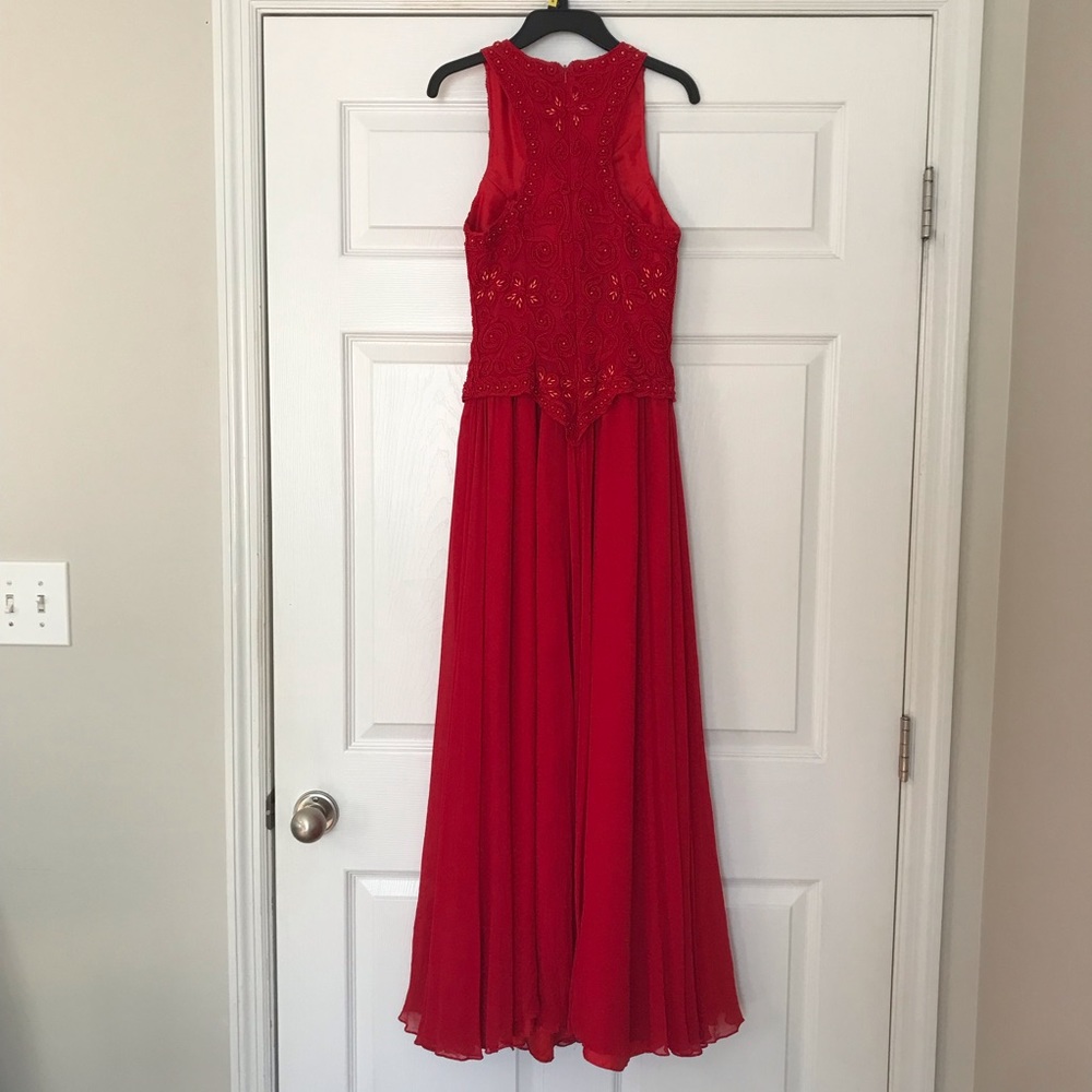Red 100% silk, hand beaded, long formal modest dress by Baluchi; size 2. - Picture 4 of 15